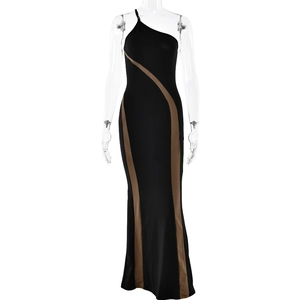 Elegant one-shoulder bodycon dress with black and brown patchwork panels