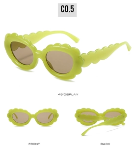 Three-angle view of green wavy oval sunglasses featuring petal-shaped frames and brown lenses