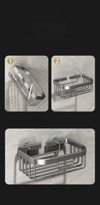Three-step installation guide for wall-mounted matte grey bathroom adhesive shelf
