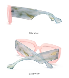Side and back view of pink thick frame sunglasses with marble pattern wide temples