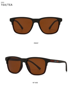 Front and side views of classic TR sunglasses with black frames and tea lenses