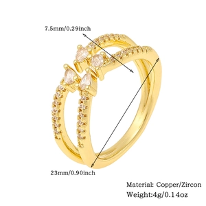 Detail view of gold double-ring with zircon inlay showing dimensions and 4g weight