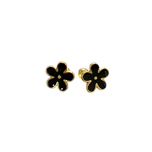 Elegant 3D five-petal floral stud earrings in black enamel with polished gold finish