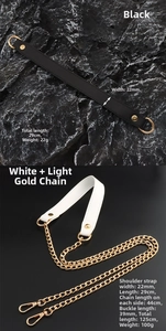 Detail of black leather and gold chain shoulder straps with 22mm width and metal hooks