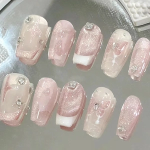 French Cat Eye Press On Nails Pink Gradient Butterfly Star Rhinestone Ballerina Long False Nails