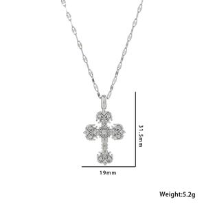 Silver cross pendant necklace with flame details and dimensions 31.5mm by 19mm