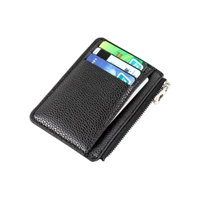 Slim black lychee texture leather card holder with multiple slots and silver side zipper