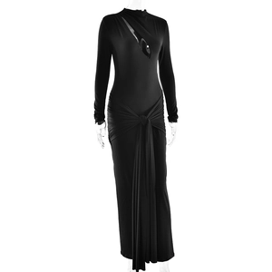 Detail view of black evening dress featuring unique front cutout and waist knot design