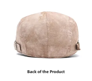 Detail view of the vintage newsboy hat back with adjustable side metal buckles