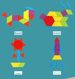 Detail showing goat, rabbit, flower, and rocket shapes made from colorful wooden puzzles