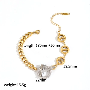 Macro shot of gold bracelet with sparkling zircon pavé T-bar clasp and 18cm chain length