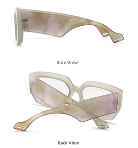 Detail view of stylish wide-temple sunglasses with unique purple marble texture