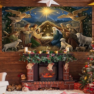 Christmas Nativity scene tapestry featuring Mary and Joseph displayed over a cozy fireplace
