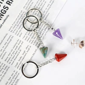 Natural hexagonal crystal prism keychains in amethyst, moss agate, and red jasper