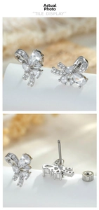 Macro view of bow earring with sparkling cubic zirconia stones and screw back closure