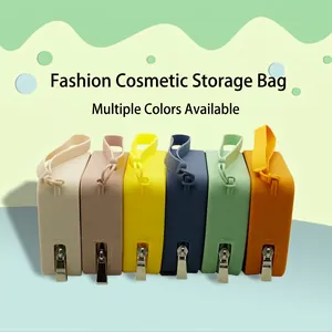 Square silicone cosmetic bags in six vibrant colors with zippers and portable handles