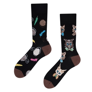 Asymmetric street style socks with cat patterns and yarn ball designs on white background