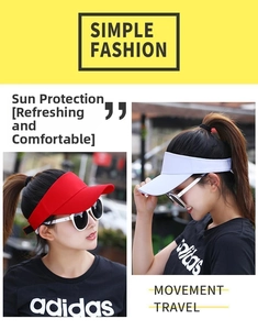 Detail of red and white sun visors with breathable mesh and adjustable strap for sports