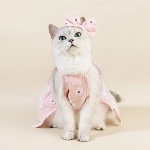 Pink pet floral dress with matching bow headband featuring white daisy patterns for cats