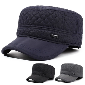 Men Quilted Cadet Hat Winter Warm Fleece Lined Ear Flaps Windproof Military Flat Top Cap Outdoor Adjustable Polyester