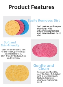 Detailed view of colorful wood pulp facial sponges showing fine pores and soft texture