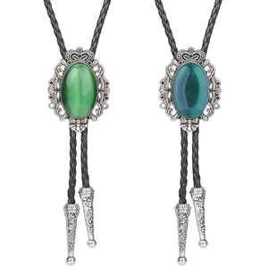 Western Bolo Tie with vintage crown turquoise stones and black braided leather cords