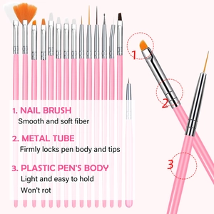 Ensemble de 15 pinceaux nail art roses avec diverses pointes en fibres et viroles en métal