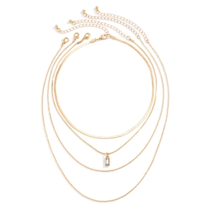 Detailed flat lay of 4-piece gold layered necklace set with rectangle crystal pendant