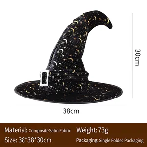 Black witch hat with gold stars and moon patterns, size 38x38x30cm for Halloween