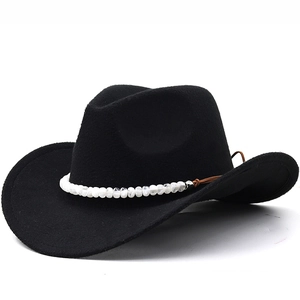 Western Cowboy Hat Woolen Felt Wide Brim Fedora With Bead Band Decorative For Outdoor Travel Equestrian Retro Style