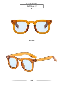 Detail of retro round frame sunglasses with brown tortoise shell and blue lenses