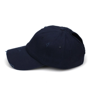 Distressed dark blue ponytail baseball cap for women with washed fabric and outdoor style
