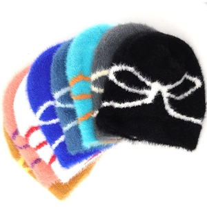 Women Plush Knitted Beanie Hat Warm Winter Faux Mohair Sweet Bow Pattern Jacquard Outdoor Casual