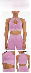 Detail of ribbed yoga set featuring front cutout design and high waist leggings