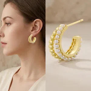 Elegant 18K gold-plated C-shaped earrings with double-layered pearls and beads design