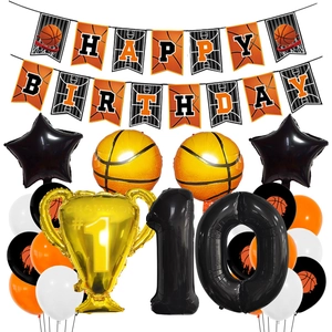 Kit déco fête basket avec trophée de champion, ballons étoiles et chiffre numéro dix