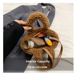 Detail showing high-capacity interior of brown fleece bucket bag with daily essentials