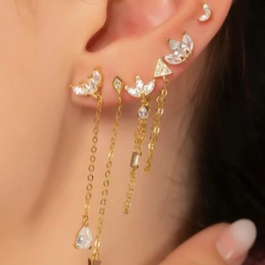 S925 silver needle gold earrings set with marquise stones and tassels on ear