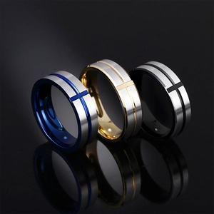 Men's fashion stainless steel cross ring set in blue, gold and black with brushed finish