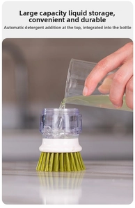 Detail of soap dispensing kitchen brush showing how to fill the liquid detergent tank