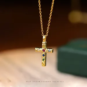 Cross Necklace 925 Sterling Silver Colorful Zircon Hammered Texture Pendant Vintage Elegant Jewelry For Women