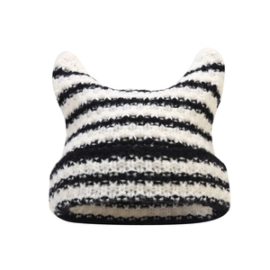 Striped knit beanie with cat devil ears in black and white pattern for autumn winter