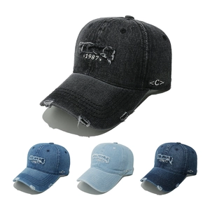 Retro Distressed Denim Baseball Cap With 1987 Embroidery Washed Cotton Sunshade Adjustable Duck Tongue Hat For Men Women