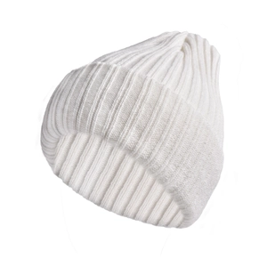 Detailed close-up showing the fine vertical ribbed knit texture of this white beanie hat