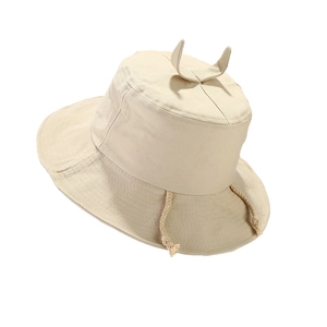 Foldable cotton bucket hat with cute decorative horns and adjustable rope drawstring