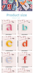 Detailed size chart for embroidered letter patches showing height and weight for each badge