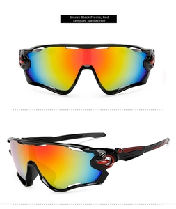Front and side view of sports cycling sunglasses with red mirrored lenses and black frame