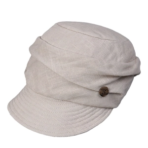 Linen flat top peak hat for women with pleated design and decorative wooden button