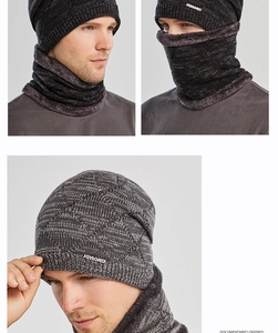 Detailed close-up of men's knit beanie and fleece-lined neck warmer with Joylord logo