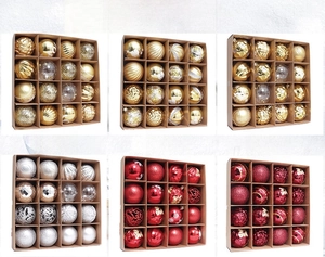Close-up of 16 pink Christmas balls with glitter and snowflake patterns for tree decoration